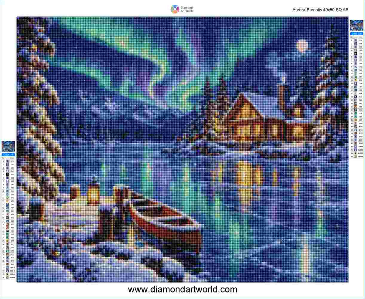 A diamond painting design sheet featuring a snowy lakeside cabin at night under a vibrant green aurora borealis sky. The scene includes a dock with a canoe, snow-covered trees, and mountain reflections on the water. Aurora Borealis Diamond Painting