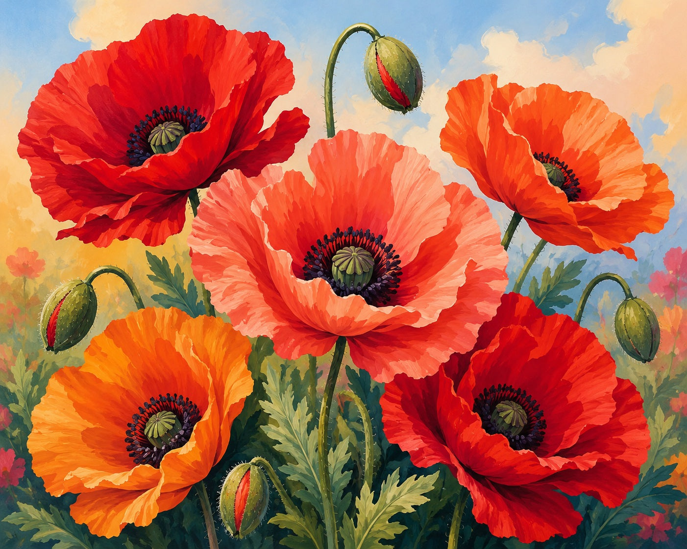 A colorful painting of six poppy flowers in shades of red, orange, and pink, with green stems and leaves against a soft blue sky background. Beautiful Poppy Flowers - Diamond Painting