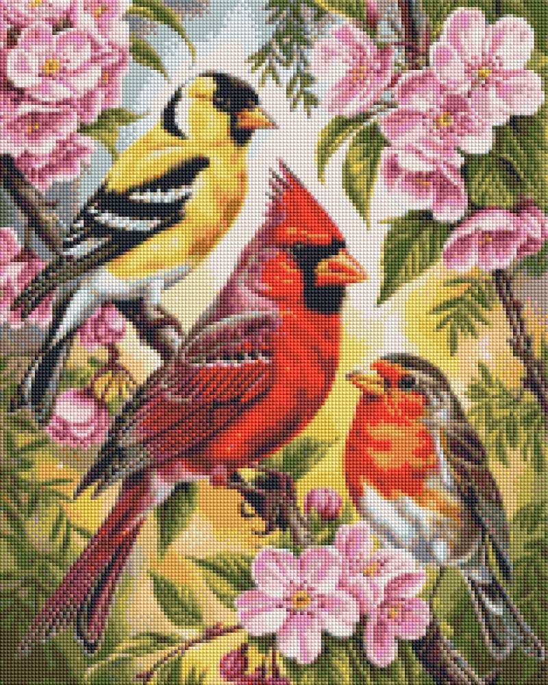 Three birds, including a yellow finch and two cardinals, perched among pink flowers on a branch. Bird Friends - Diamond Art Kit