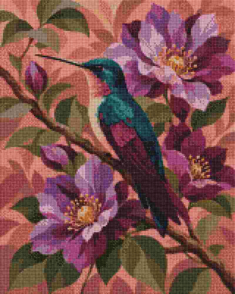 A canvas featuring a vibrant hummingbird perched on a branch surrounded by purple and lavender flowers with green leaves, set against a warm pinkish-brown patterned background. Bird with Violet Flowers - Diamond Painting