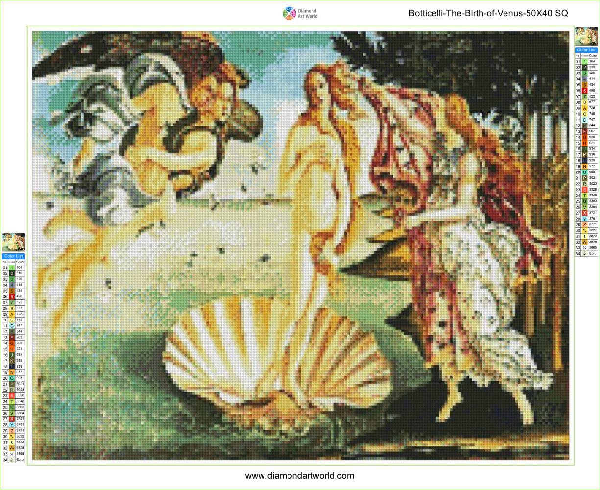 Diamond painting of 'The Birth of Venus' by Botticelli with a grid overlay.