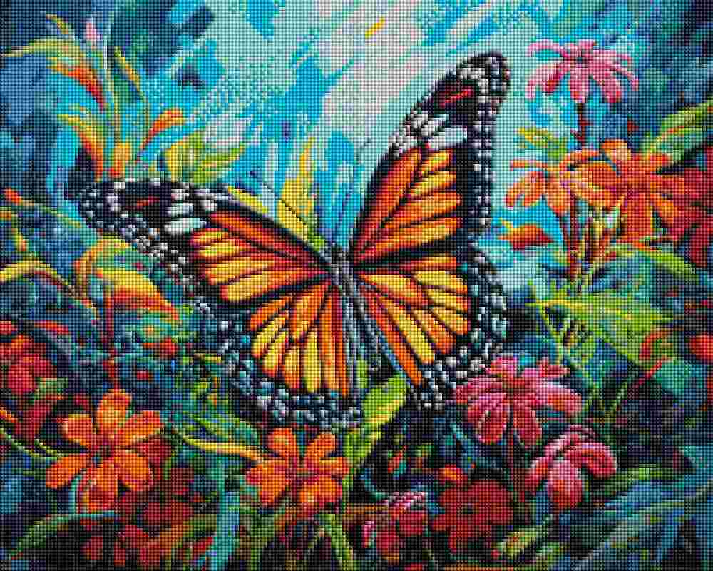 A vibrant diamond painting or cross-stitch style artwork depicting a monarch butterfly with orange, yellow, and black wings, surrounded by colorful flowers in shades of red, pink, orange, and green against a bright blue background. Tropical Cow Holiday - Diamond Art