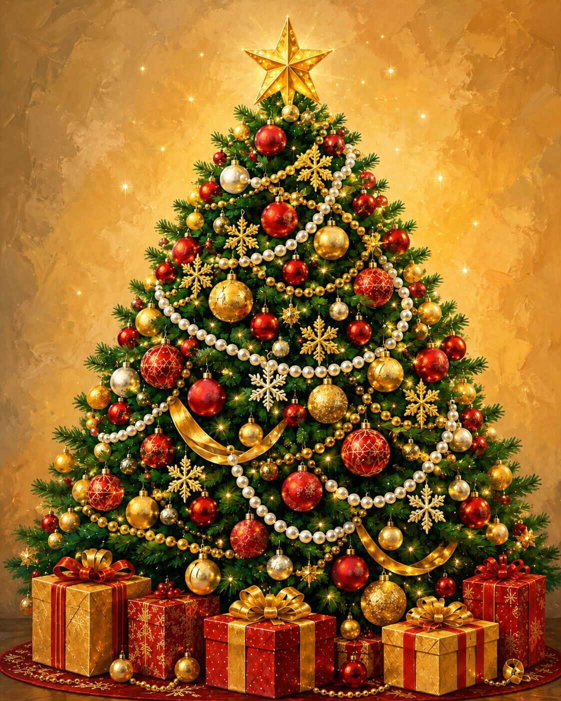 A decorated Christmas tree with red and gold ornaments, white pearl garlands, gold ribbons, snowflake ornaments, and a large gold star on top, with wrapped gift boxes at the base against a warm golden background. Christmas Tree - Diamond Painting