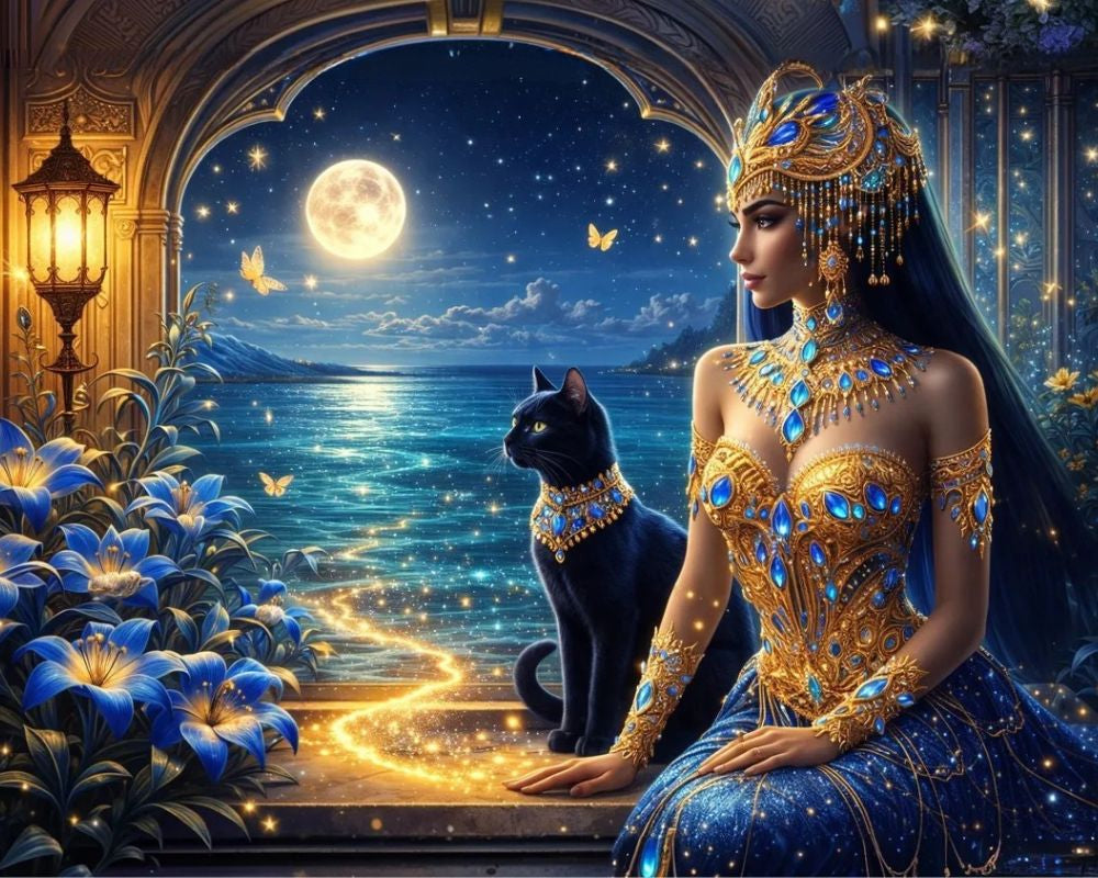 Elaborately dressed woman with a black cat by a mystical doorway under a moonlit sky. Cleopatra Eternal Beauty - AB drills diamond painting