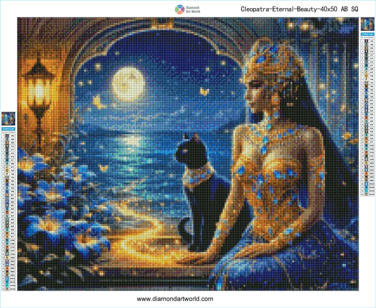 Diamond painting of Cleopatra with a cat under a moonlit sky. Cleopatra Eternal Beauty - AB drills - Diamond painting layout