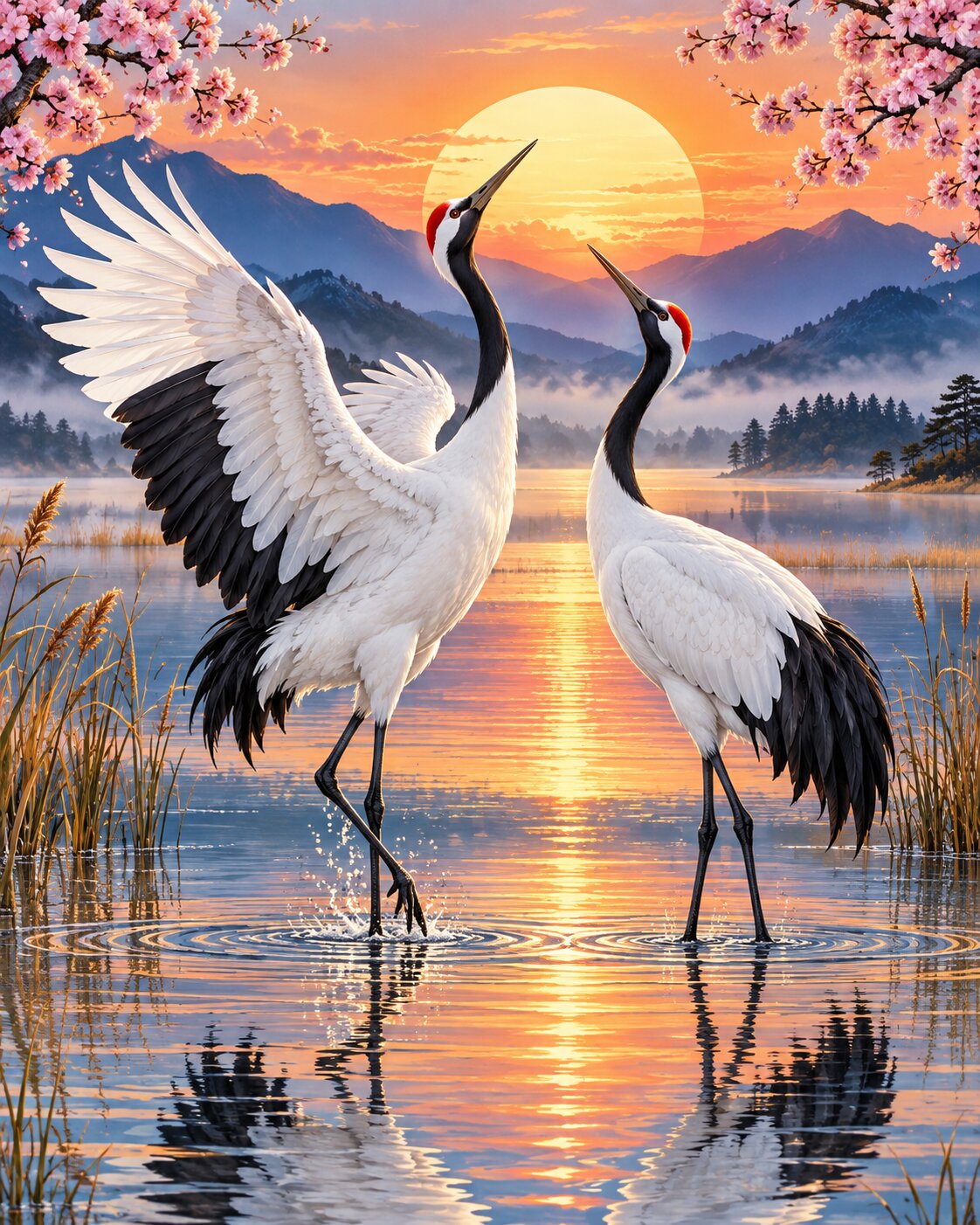 A scenic artwork showing two white cranes with black legs standing in shallow water at sunset, with mountains, a large sun, pink blossoms, and reflections on the lake. Cranes - Diamond Painting