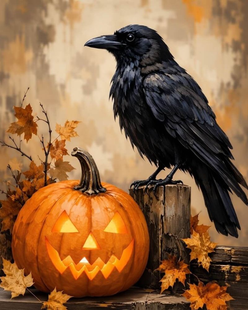 A black raven perched on a wooden stump beside a carved orange jack-o'-lantern with glowing yellow eyes, surrounded by autumn leaves on a rustic surface against a warm beige background. Crow on Pumpkin - Diamond Painting