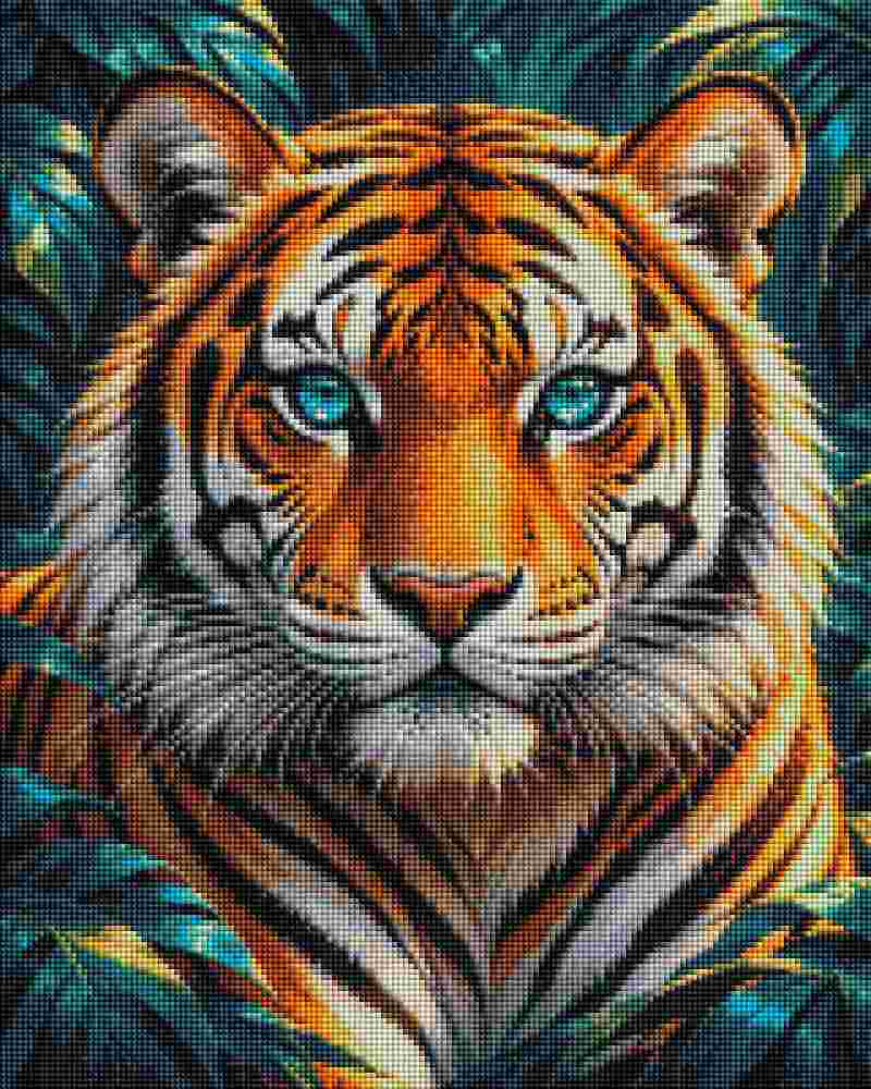 A close-up tiger face artwork with vivid orange fur, black stripes, white facial markings, and bright blue eyes against a dark tropical leaf background. Diamond Eyed Tiger - Diamond Art