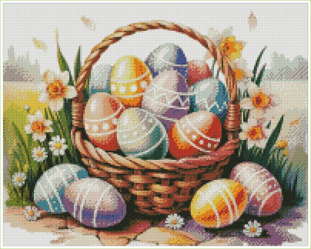 Diamond painting of a basket with colorful Easter eggs and flowers.