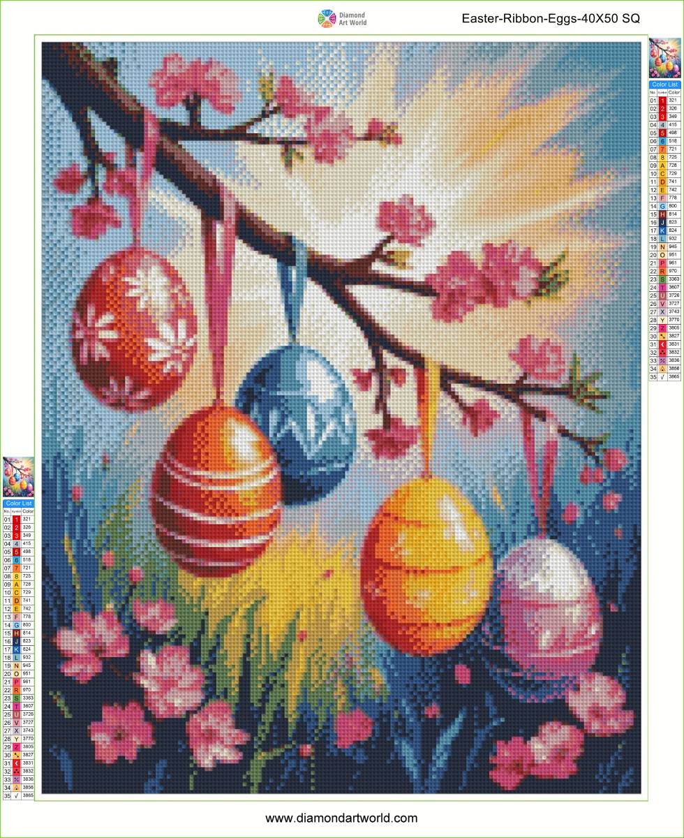 Diamond painting layout with Easter eggs and ribbons on a floral branch. Easter Ribbon Eggs - Diamond Art World