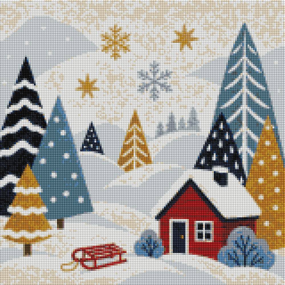A canvas featuring a cozy winter landscape with a red cabin, snow-covered trees, a red sled, and snowflakes on a textured cream background. Easy Painting Winter Country - Diamond Art