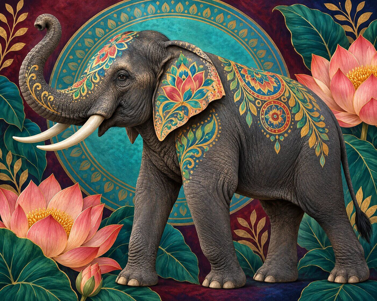 A stylized digital artwork of a gray elephant decorated with colorful floral and geometric patterns, standing among large pink lotus flowers and green leaves against a teal circular backdrop. Ethnic Art Elephant - Diamond Painting