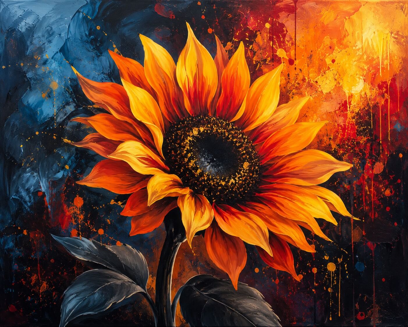 A stylized painting of a large sunflower with glowing orange and yellow petals, a dark brown center, and dark leaves against an abstract background with blue, red, and orange paint splashes. Fiery Sunflower - Diamond Painting