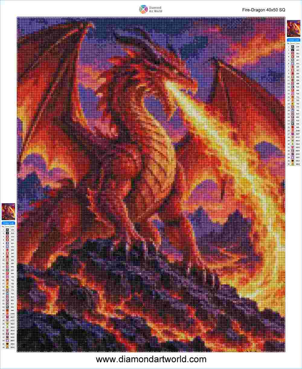 A diamond painting pattern sheet featuring a fiery red and orange dragon breathing fire over a dark landscape, with color reference strips on the sides and the text Fire-Dragon