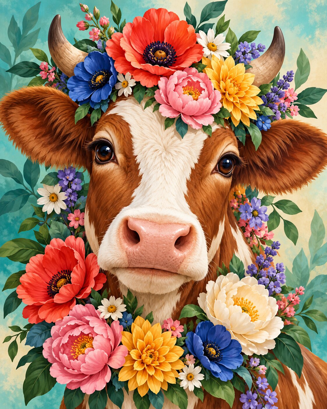 A stylized close-up portrait of a brown-and-white cow surrounded by colorful flowers and green leaves, with a soft teal background. Floral Cow - Diamond Painting