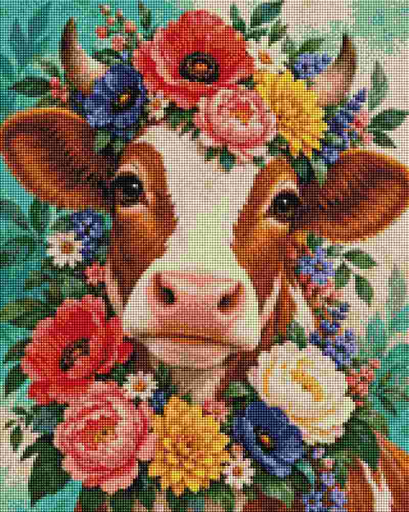 A close-up illustrated cow face with a colorful floral crown made of red, pink, yellow, blue, and white flowers on a teal background. Floral Cow - Diamond Painting