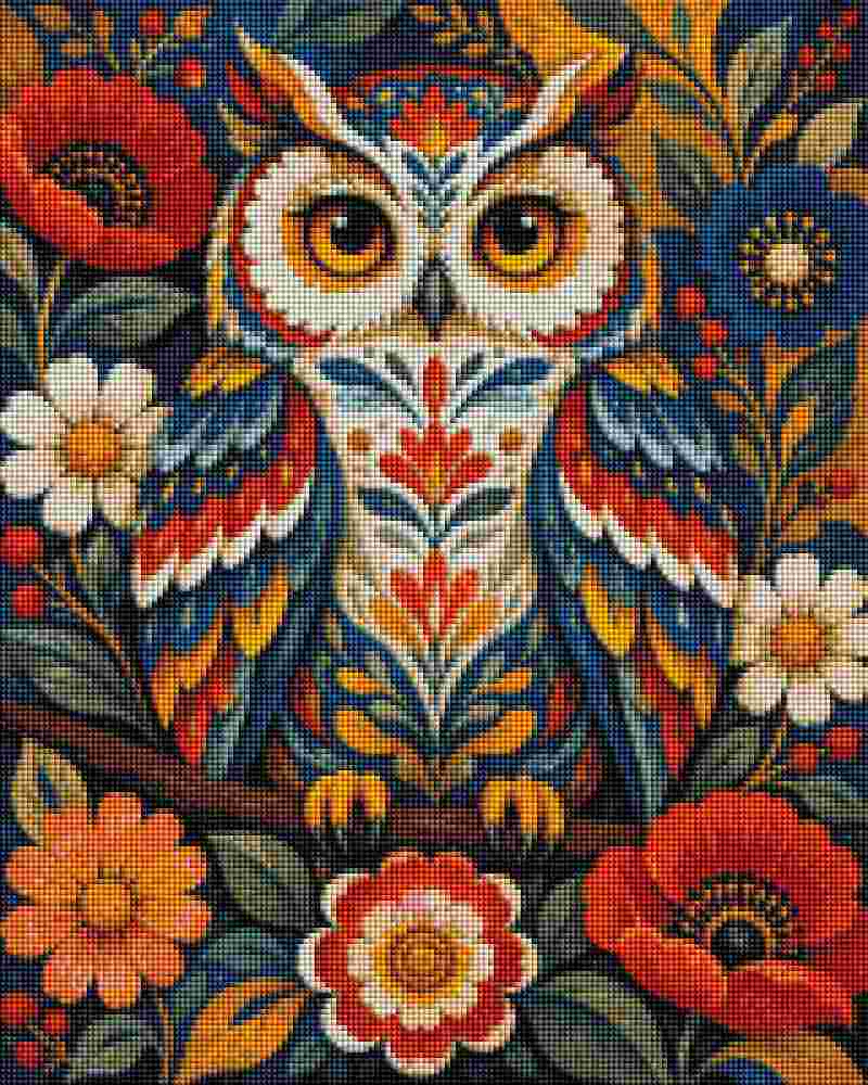 A colorful canvas design featuring a stylized owl surrounded by flowers and leaves on a dark blue background. Flowery Folk Art Owl - Diamond Painting