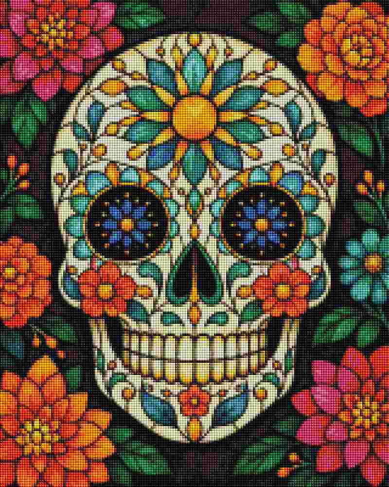 A colorful sugar skull design centered on a black background, surrounded by large flowers in pink, orange, and blue with green leaves. The skull itself is decorated with white, yellow, teal, and blue floral details. Folk Art Painted Skull - Diamon Painting