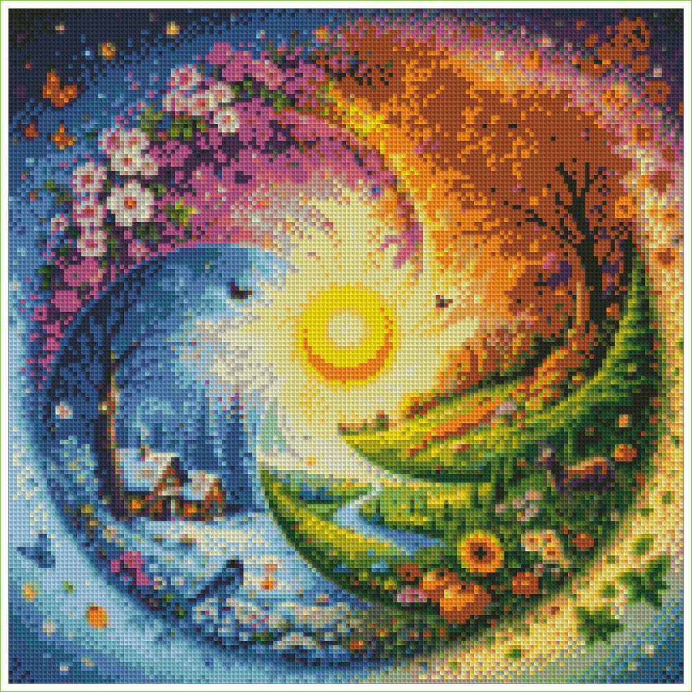 Colorful mosaic artwork of a circular landscape with trees, flowers, and a river. Four Seasons Cycle - Diamond Art World