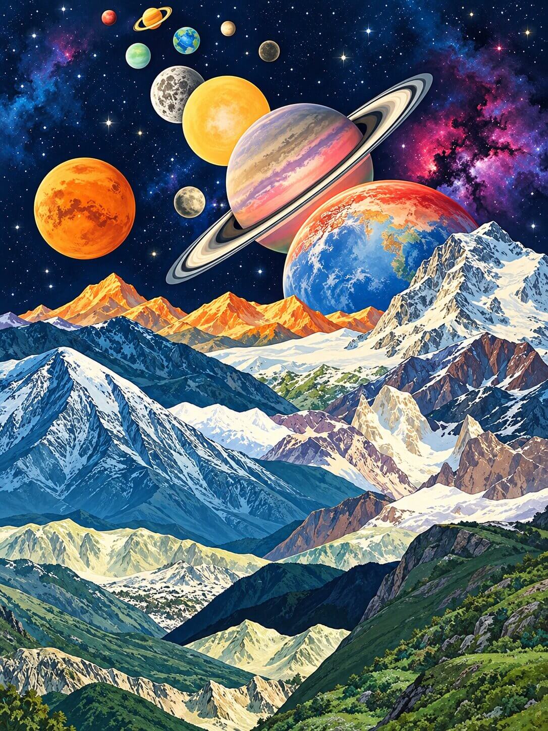 A colorful fantasy landscape artwork showing snow-capped mountains, green valleys, and a star-filled sky with planets and a ringed planet floating above the peaks. From Moon - Diamond Painting
