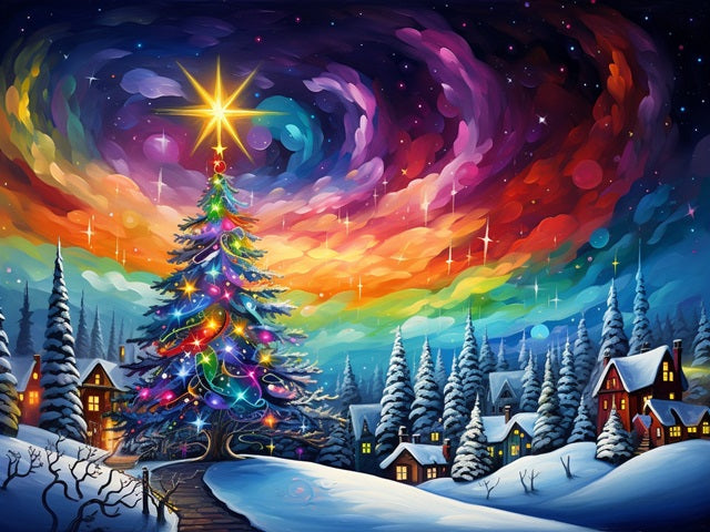 A colorful winter night landscape painting featuring a glowing Christmas tree with a bright star on top, surrounded by snow-covered pine trees and cozy houses under a vivid rainbow sky. Galactic Christmas Glow - Diamond Painting