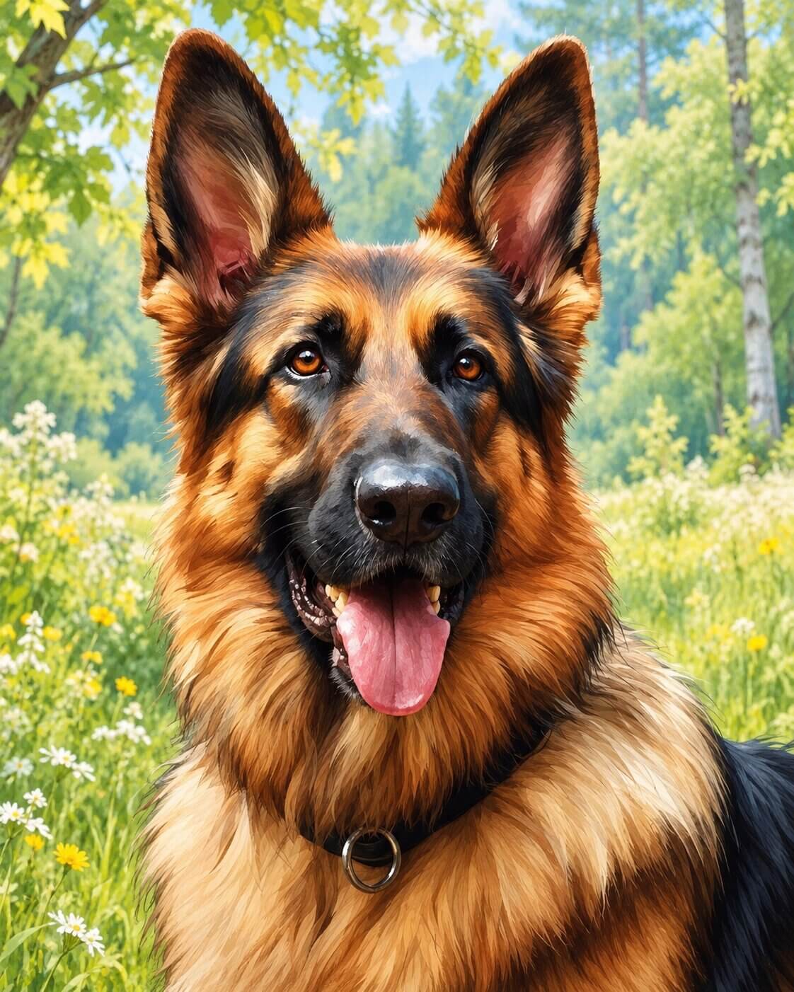 A close-up portrait of a German Shepherd dog with tan and black fur, wearing a black collar, set against a blurred green forest and meadow background. German Shepherd - Diamond Painting