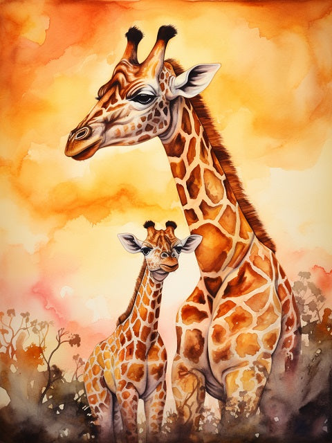 Watercolor-style artwork of an adult giraffe and a young giraffe standing together against a warm orange and yellow sky, with soft brushy trees at the bottom. Giraffe and her Baby - Diamond Painting