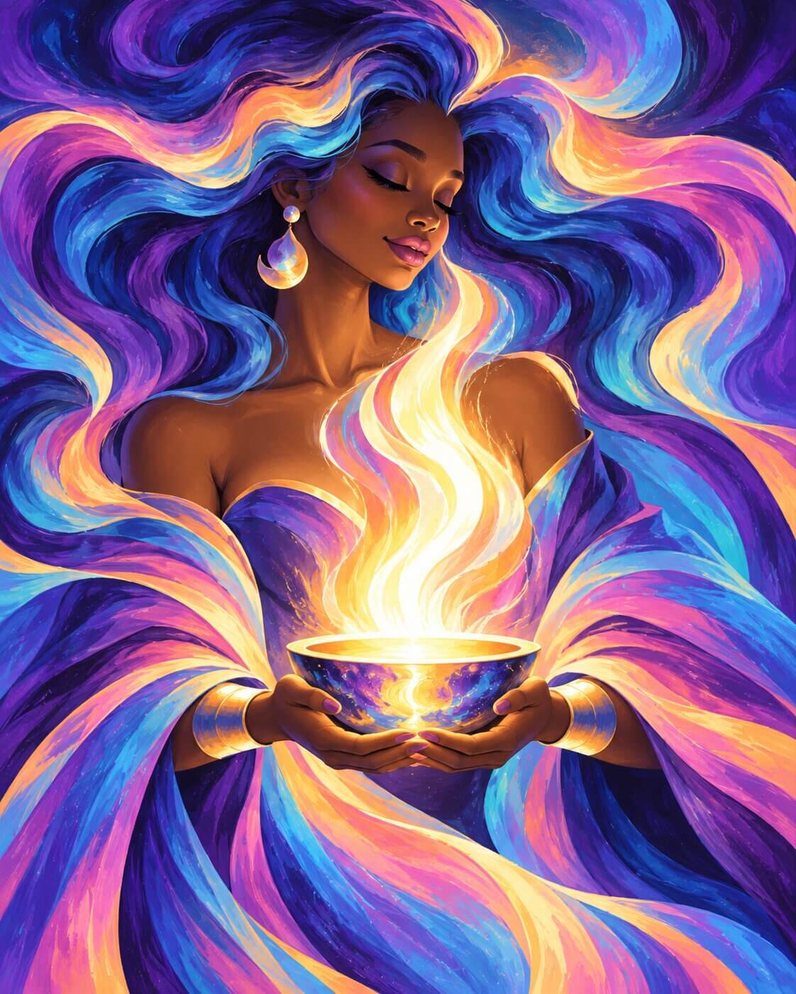 Vibrant fantasy artwork of a woman with flowing multicolored hair holding a glowing cauldron, surrounded by swirling waves of blue, purple, pink, and yellow energy. Girl of Light - Diamond Painting