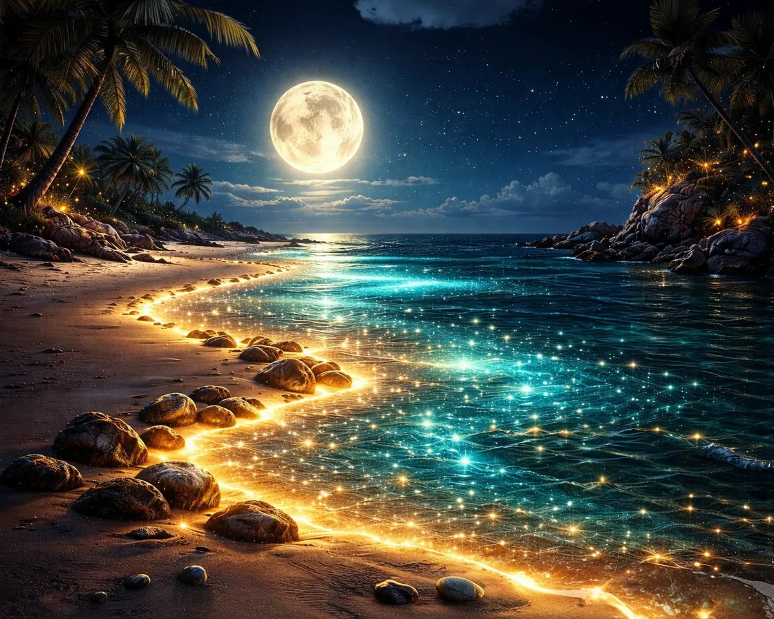 Magical beach scene with glowing stones, moonlit sky, and palm trees. Golden Night Coast - AB drills diamond painting
