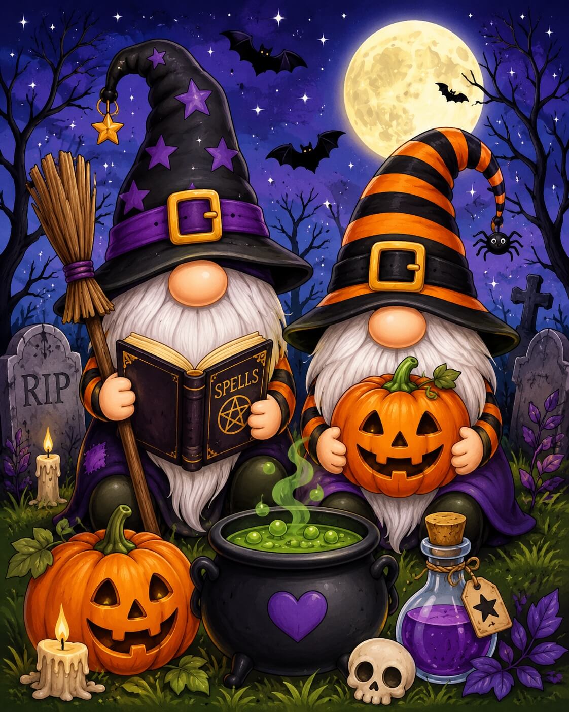 A colorful Halloween illustration featuring two gnome characters in witch hats, one reading a spellbook and one holding a jack-o'-lantern, with a cauldron of green potion, candles, skulls, bats, and a full moon in the background. Halloween Gnomes - Diamond Painting