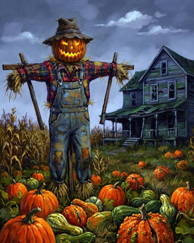 A painted autumn scene with a scarecrow standing in a pumpkin patch, a weathered house in the background, and a cloudy sky above. Halloween Pumpkin Scarecrow - Diamond Painting