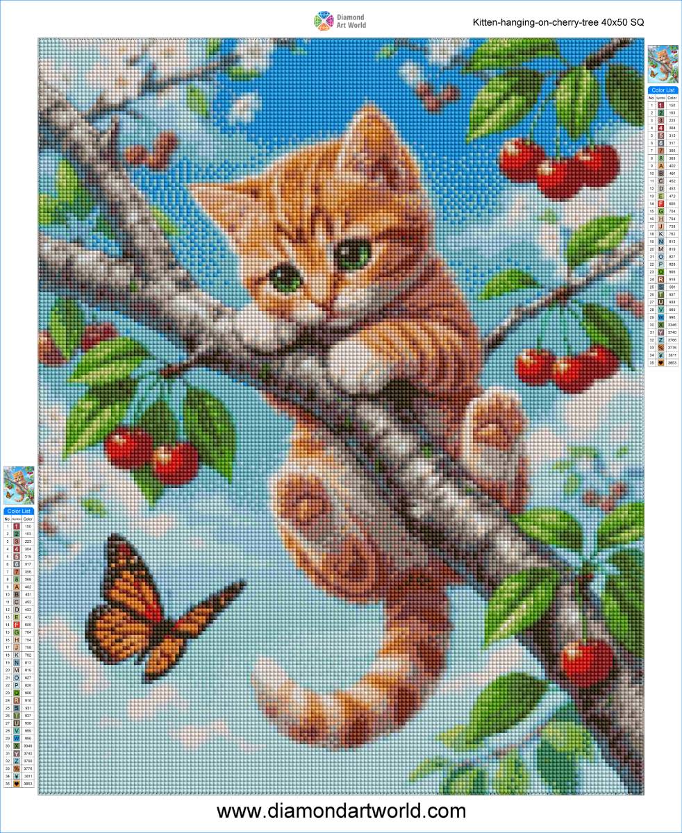 Kitten Hanging on Cherry Tree - Diamond Painting Layout
