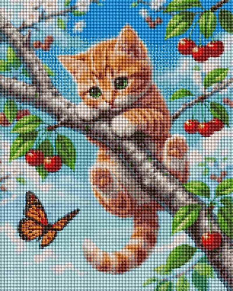 Kitten Hanging on Cherry Tree - Diamond Art