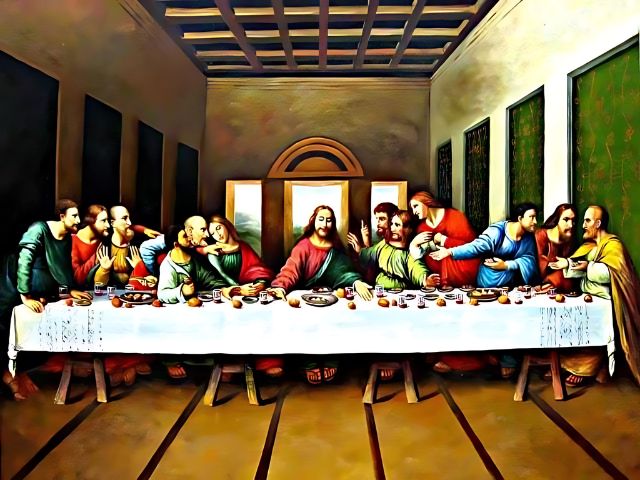 Reproduction of 'The Last Supper' with figures around a table. Leonardo Last Supper - Diamond Painting Kit