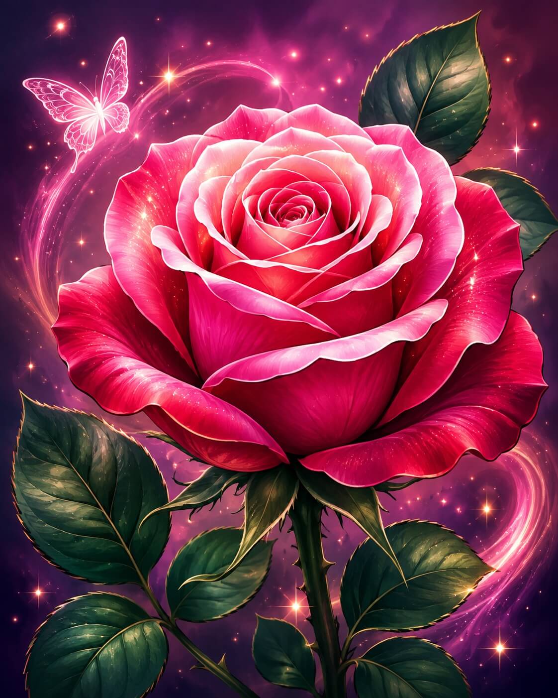 A large pink rose with dark green leaves and a glowing butterfly on a purple cosmic background with sparkles. Magic Rose - Diamond Painting
