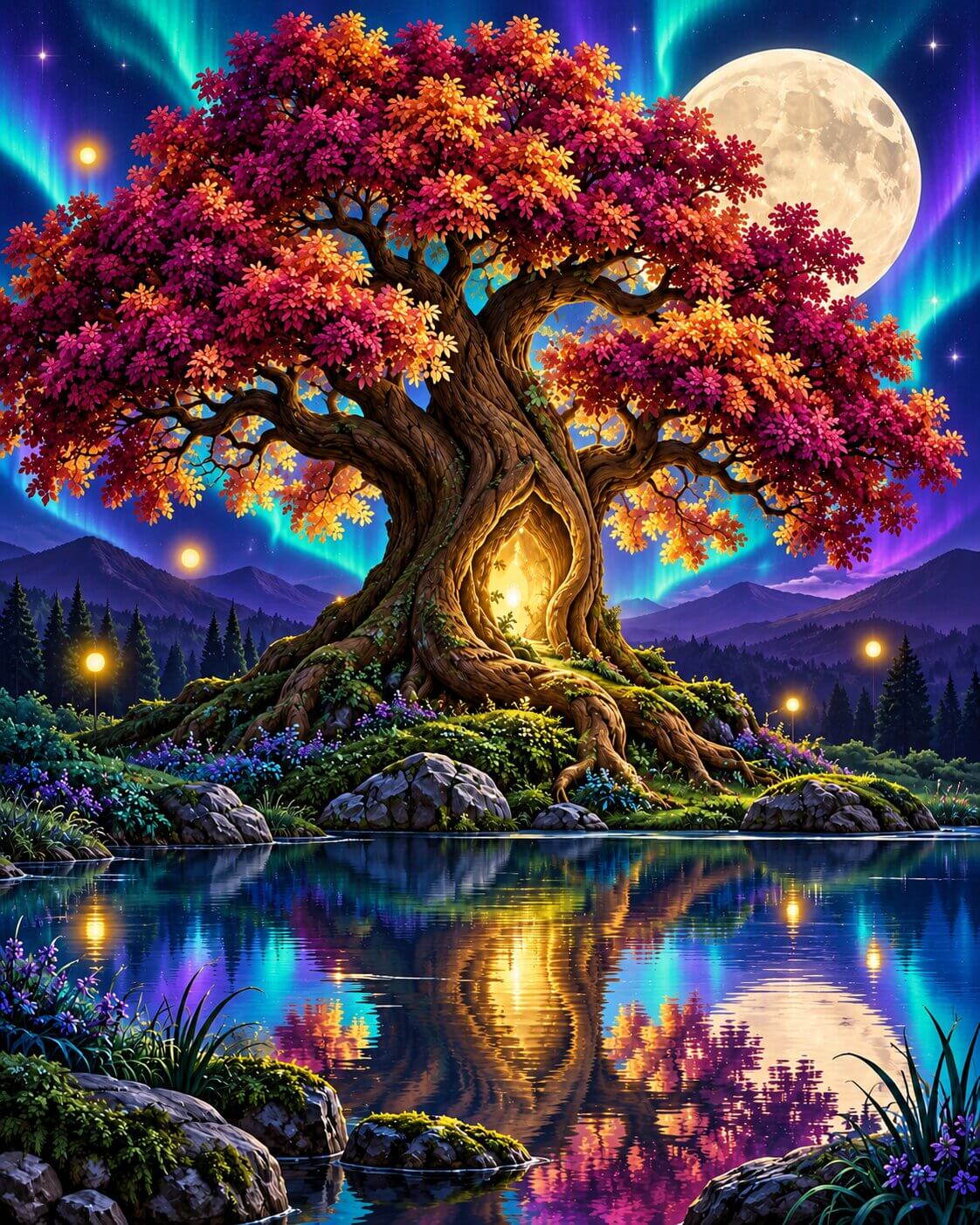 A vibrant fantasy landscape artwork featuring a large glowing tree with pink, orange, and purple foliage beside a reflective lake, under a full moon and colorful aurora sky. Magical Tree - Diamond Painting