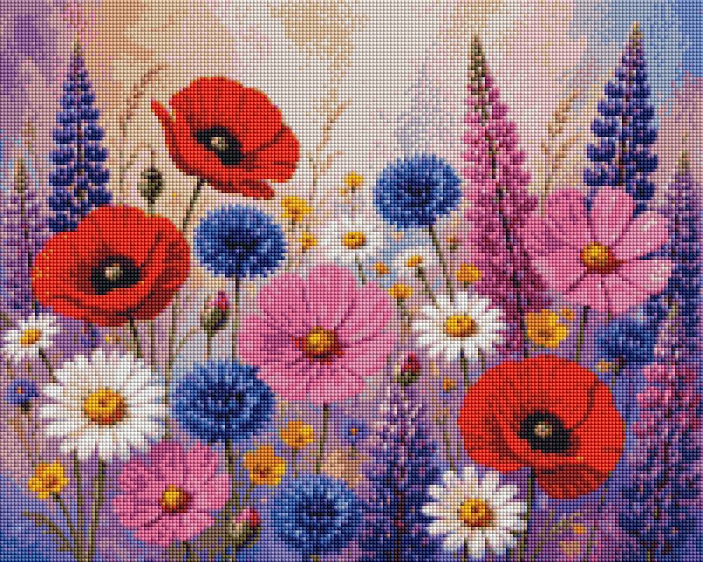 A colorful floral artwork showing red poppies, pink and white flowers, blue blossoms, and purple spikes against a soft pastel background. Meadow Flowers - Diamond Art