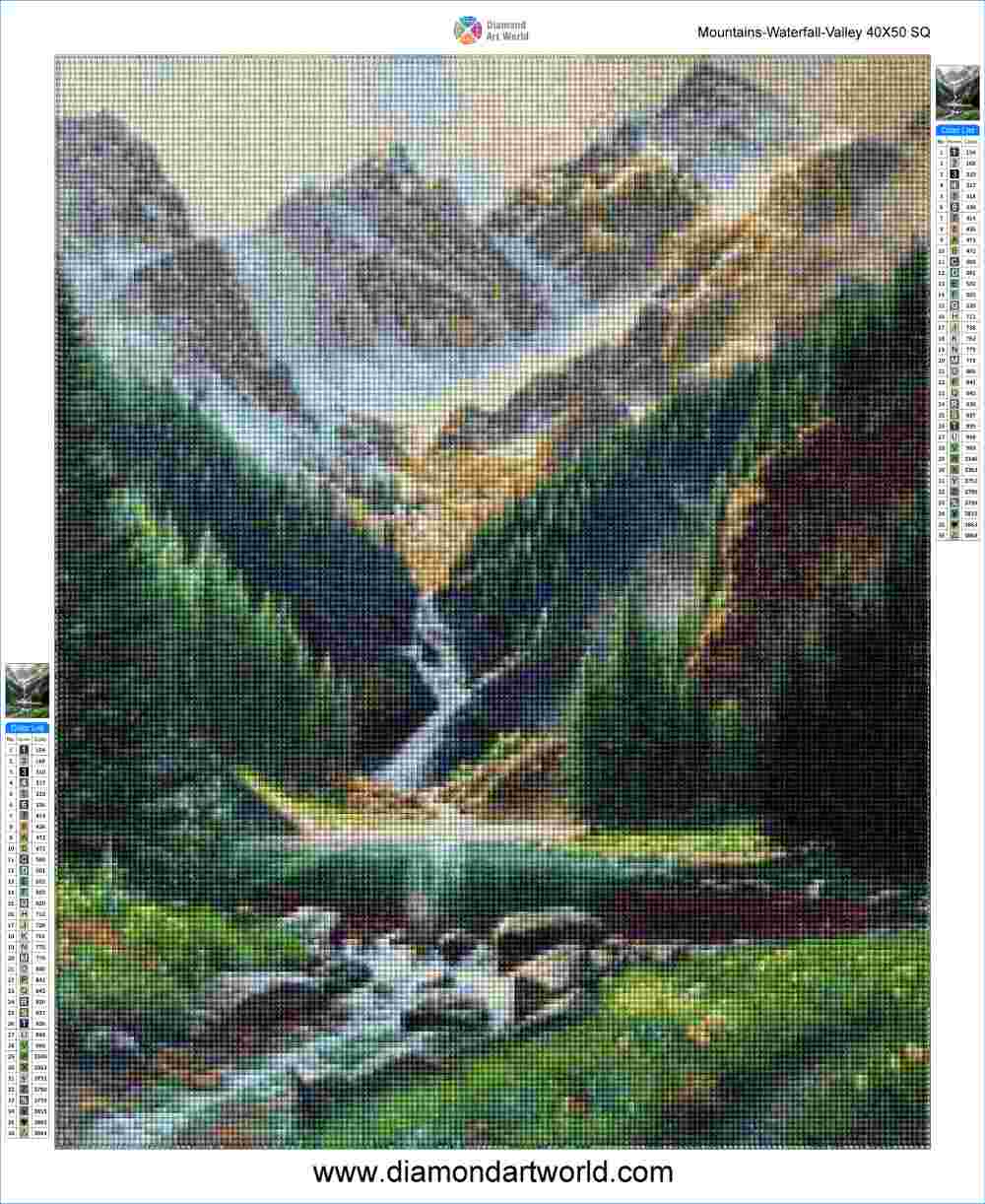 Mountains Waterfall Valley - Diamond Painting Layout