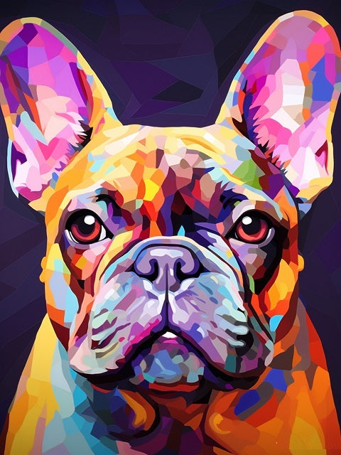 A colorful, low-poly style digital art print of a French Bulldog portrait, featuring vibrant shades of yellow, orange, pink, purple, and blue against a dark background. Neon French Bulldog - Diamond Painting