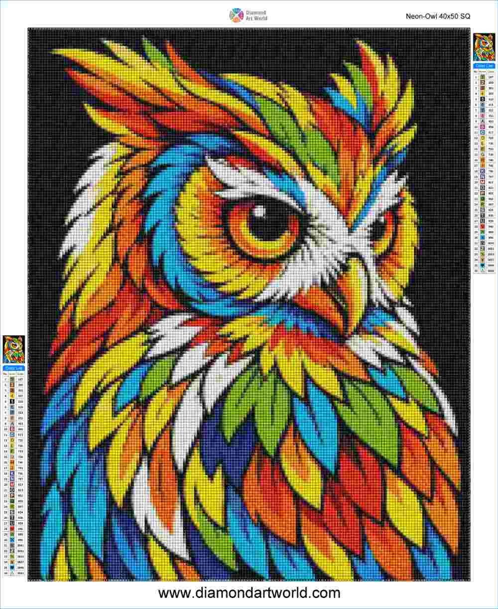 A colorful diamond painting design of an owl on a black background, with brand text 'Diamond Art World' and color swatch guides visible on the sides.