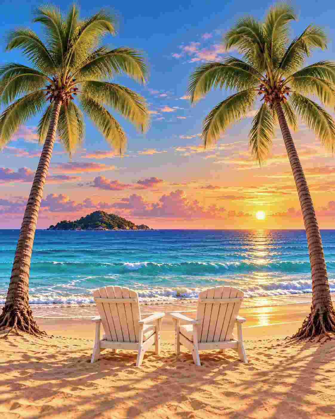 A tropical beach sunset scene with two white Adirondack chairs facing the ocean, framed by two tall palm trees. The sandy beach, turquoise waves, and island are lit by a warm orange and pink sunset sky. Beach and Palm - Diamond Painting