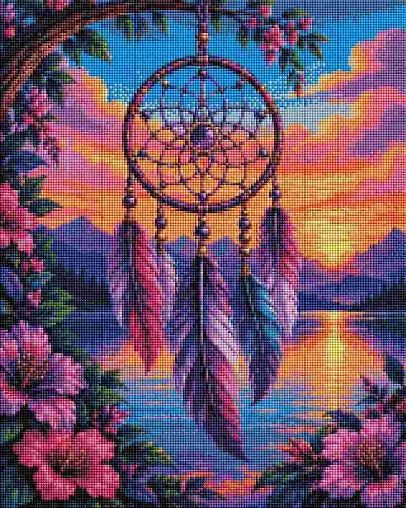A colorful dreamcatcher hanging from a tree branch above a lake at sunset, surrounded by pink flowers and mountains in the background. The artwork has a pixelated, needlepoint-like texture. Purple Dreamcatcher - Diamond Art