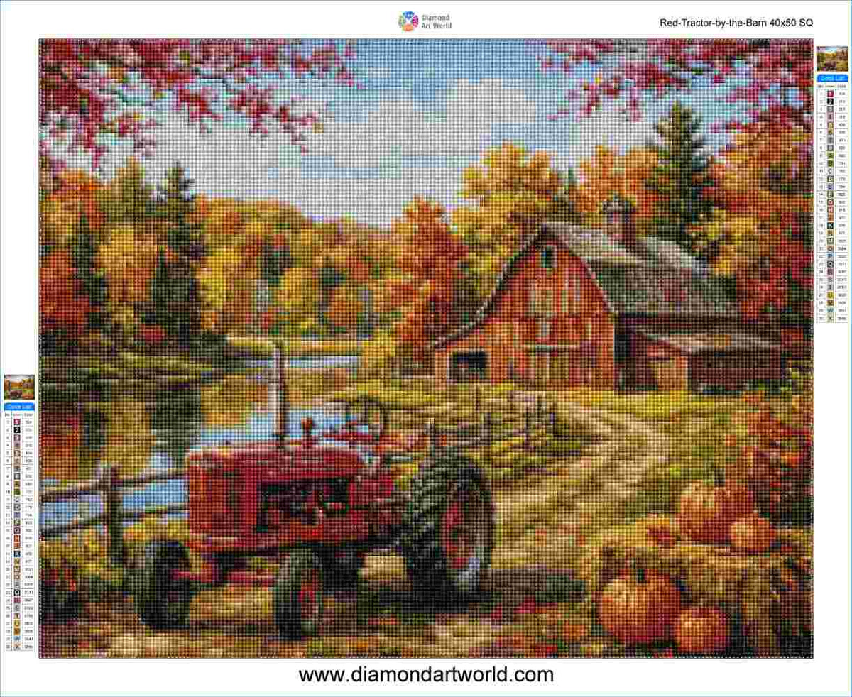 Red Tractor by the Barn - Diamond Painting Layout