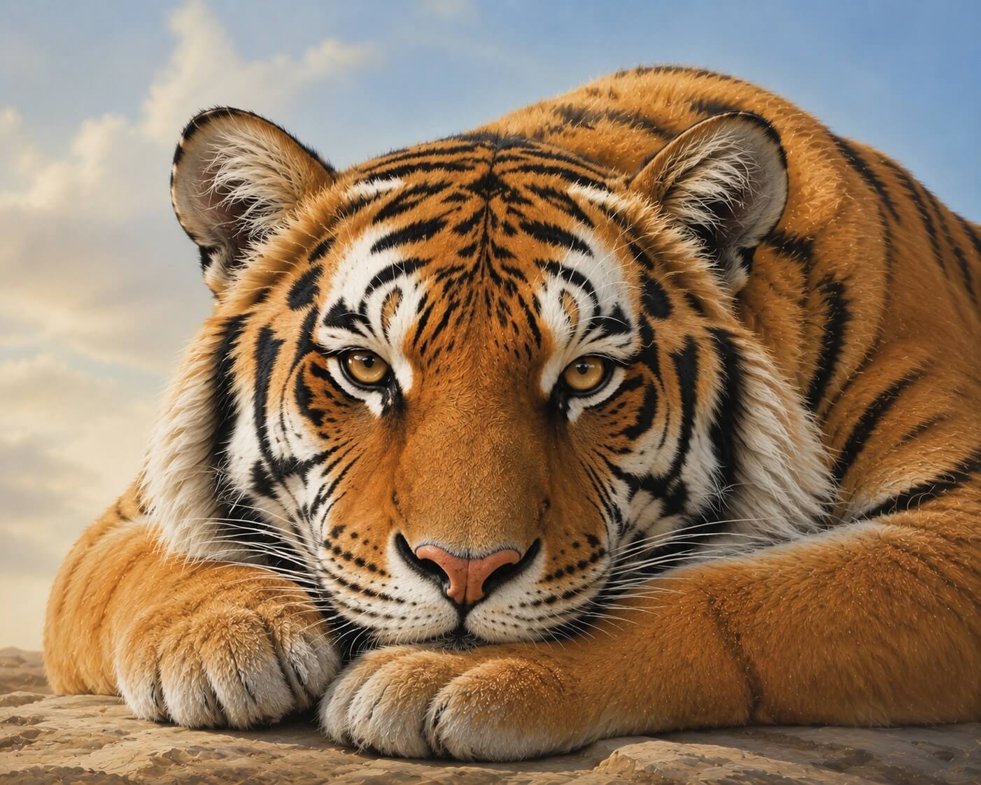 Close-up of a tiger lying on a rock with a blurred natural background. Resting Tiger - Diamond Painting