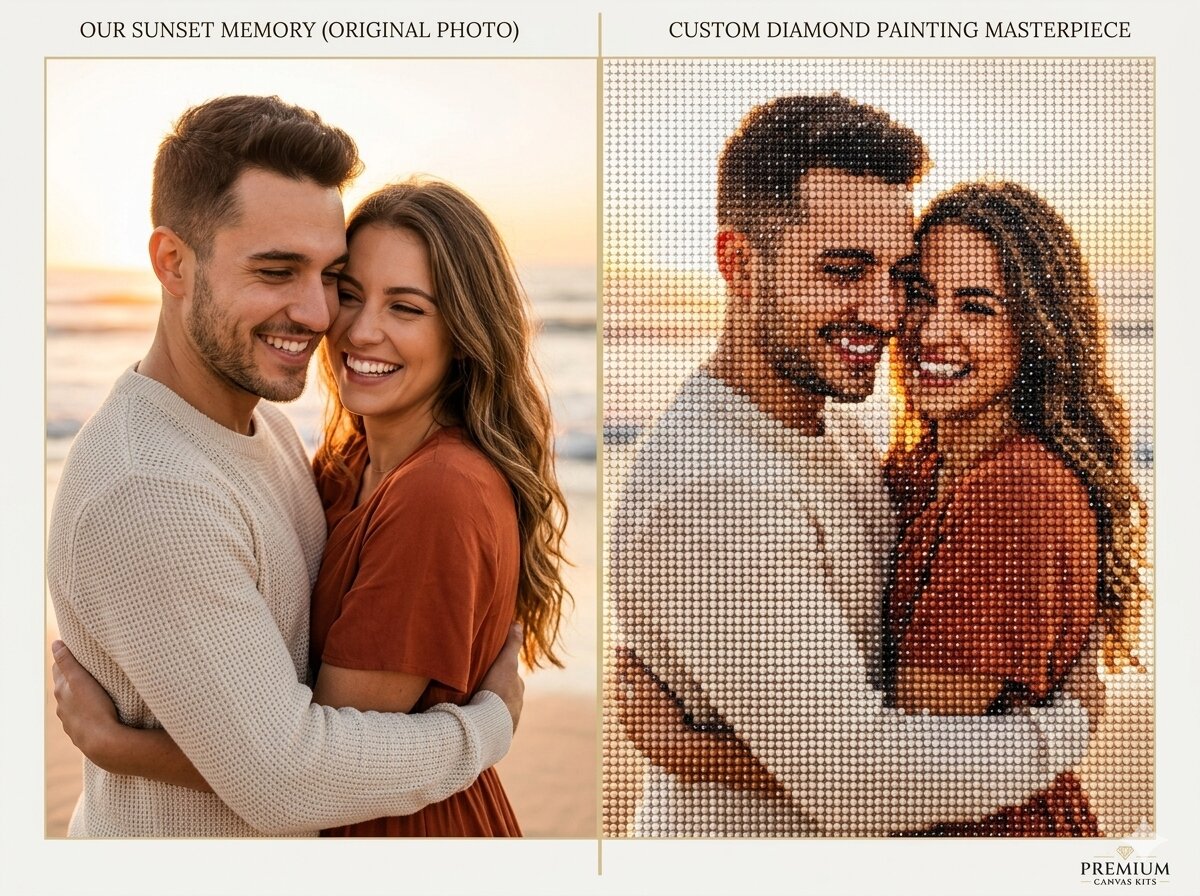 Original photo of a couple at sunset next to a diamond painting of the same scene. Custom diamond painting - Diamond art world