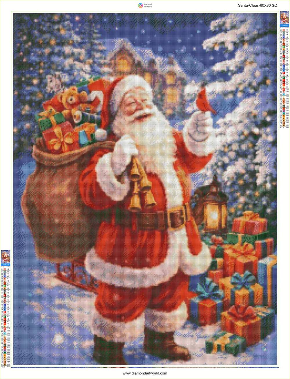 Illustration of Santa Claus with gifts in a snowy scene. Santa Claus Diamond Painting Layout