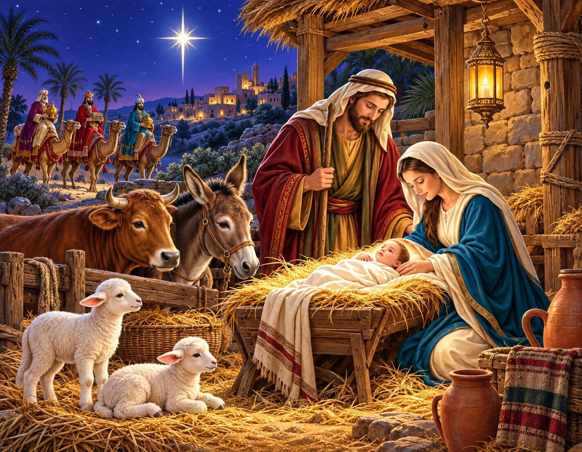 A warm, detailed nativity scene painting showing Mary, Joseph, baby Jesus in a wooden manger, a cow, a donkey, two lambs, and three wise men under a glowing star at night. Saviour is Born - Large Diamond Painting