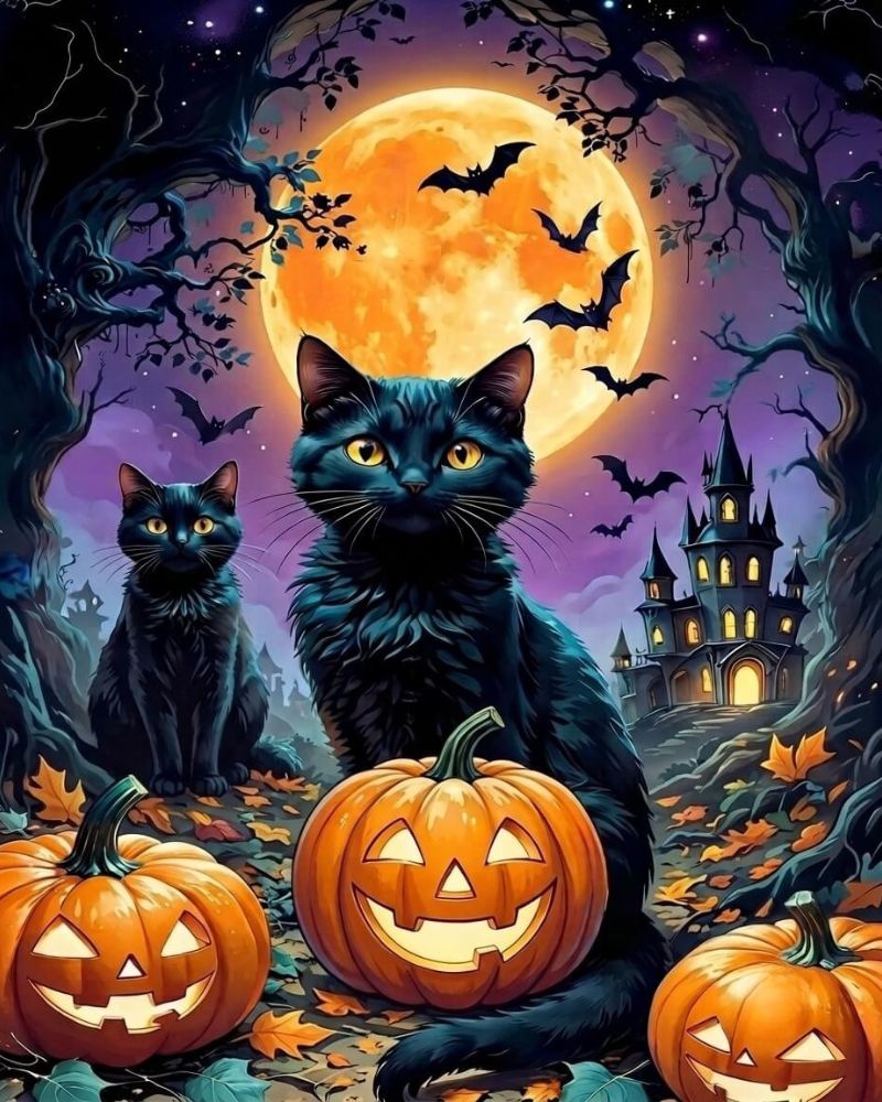 Halloween night scene with two black cats in a spooky forest, a large glowing orange full moon, bats, jack-o'-lantern pumpkins, and a haunted castle in the background. Scary Whiskers - Diamond Painting