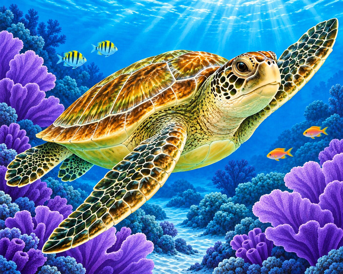 Vibrant underwater scene featuring a sea turtle swimming among purple coral formations, with small tropical fish and sun rays filtering through the blue ocean surface. Sea Turtle - Diamond Painting