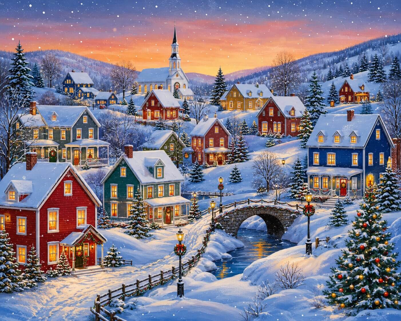 A festive winter village scene with snow-covered houses, a small stone bridge over a stream, evergreen trees, and a church steeple under a warm orange sunset sky. Snowy Christmas Village - Diamond Painting